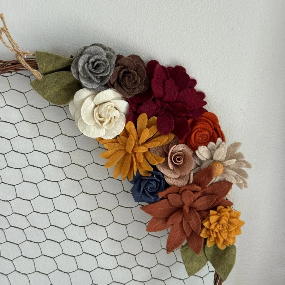 Rustic Grapevine Chicken Wire Wreath with Colorful Felt Flowers 14